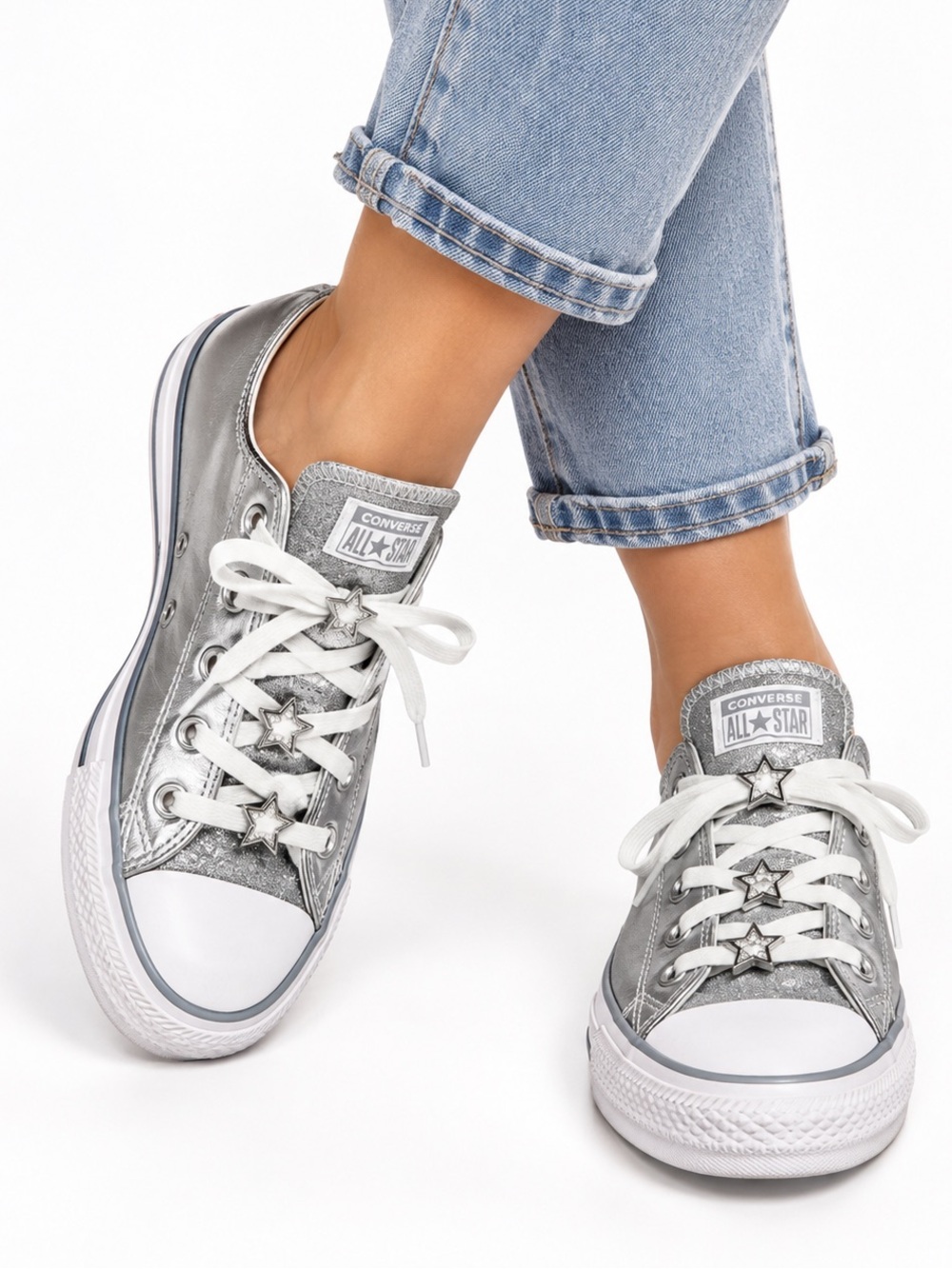 NEW - Converse Chuck Taylor All Star Silver Glitter Sneakers Sz8.5 + Shoe Charms